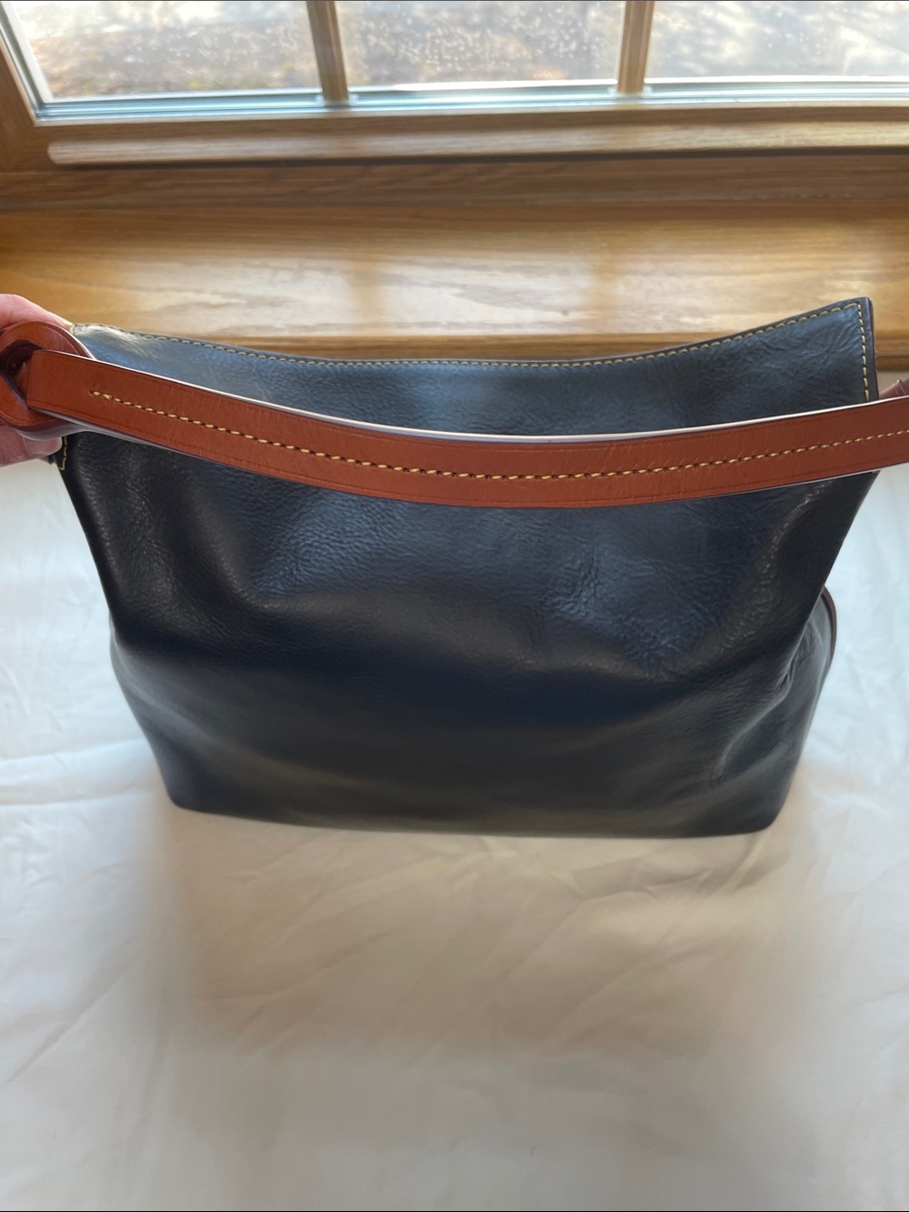 Dooney & Bourke Navy Florentine Twist Strap Hobo Brown Trim and Tassel - Picture 11 of 16